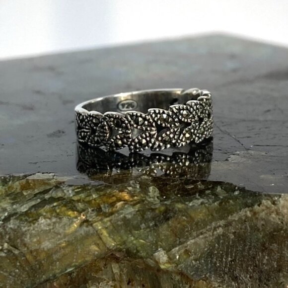 Sterling Silver 925 5mm Floral Leaf Marcasite Openwork Pierced Band Ring Sz 5.75 - Picture 15 of 16